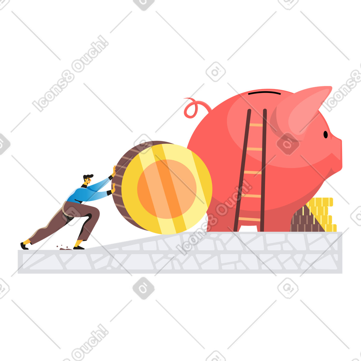 Uomo che risparmia soldi nel salvadanaio illustrazione in stile Jaconda scarica in PNG, SVG