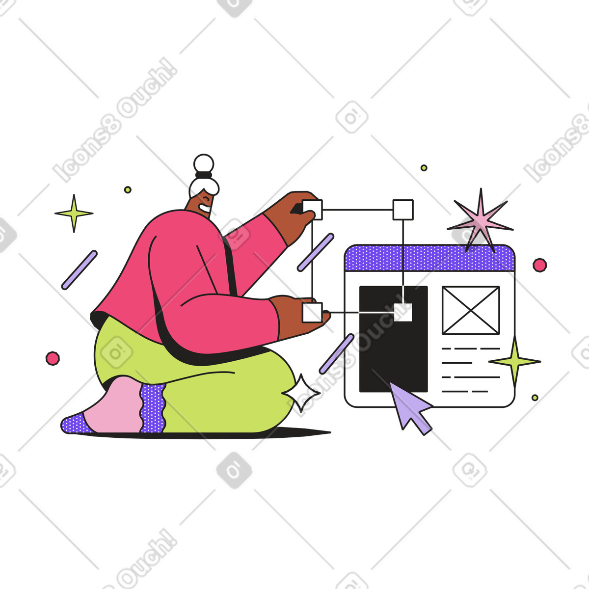 Woman designing a website animated illustration in Dazzle style download in GIF, Lottie (JSON), AE