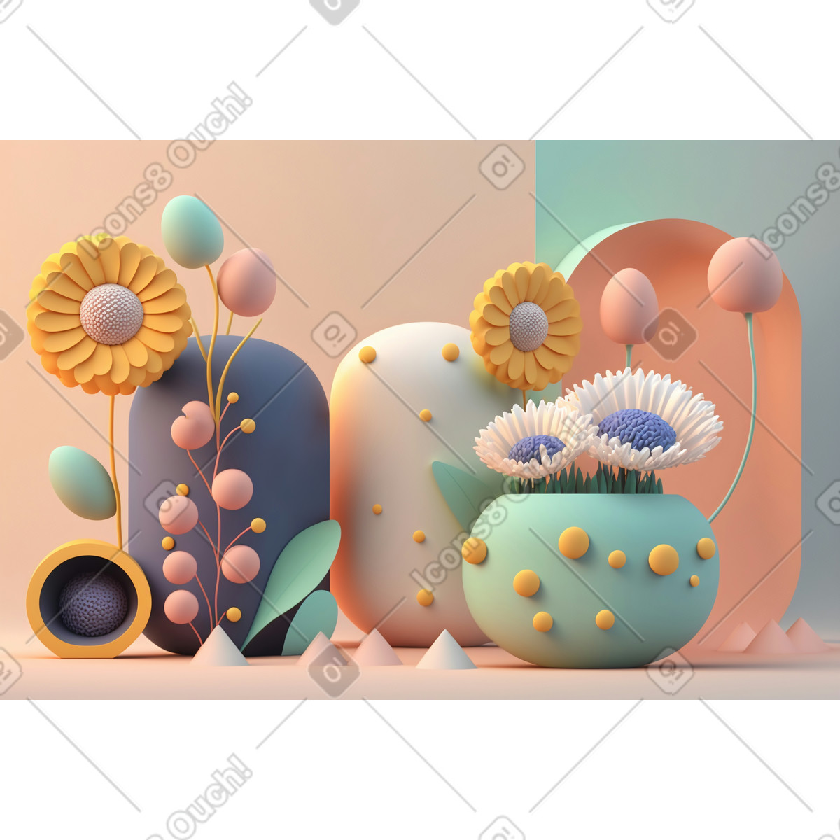 Ilustración Composición de flores abstractas 3d en estilo Experimental a descargar en PNG y SVG