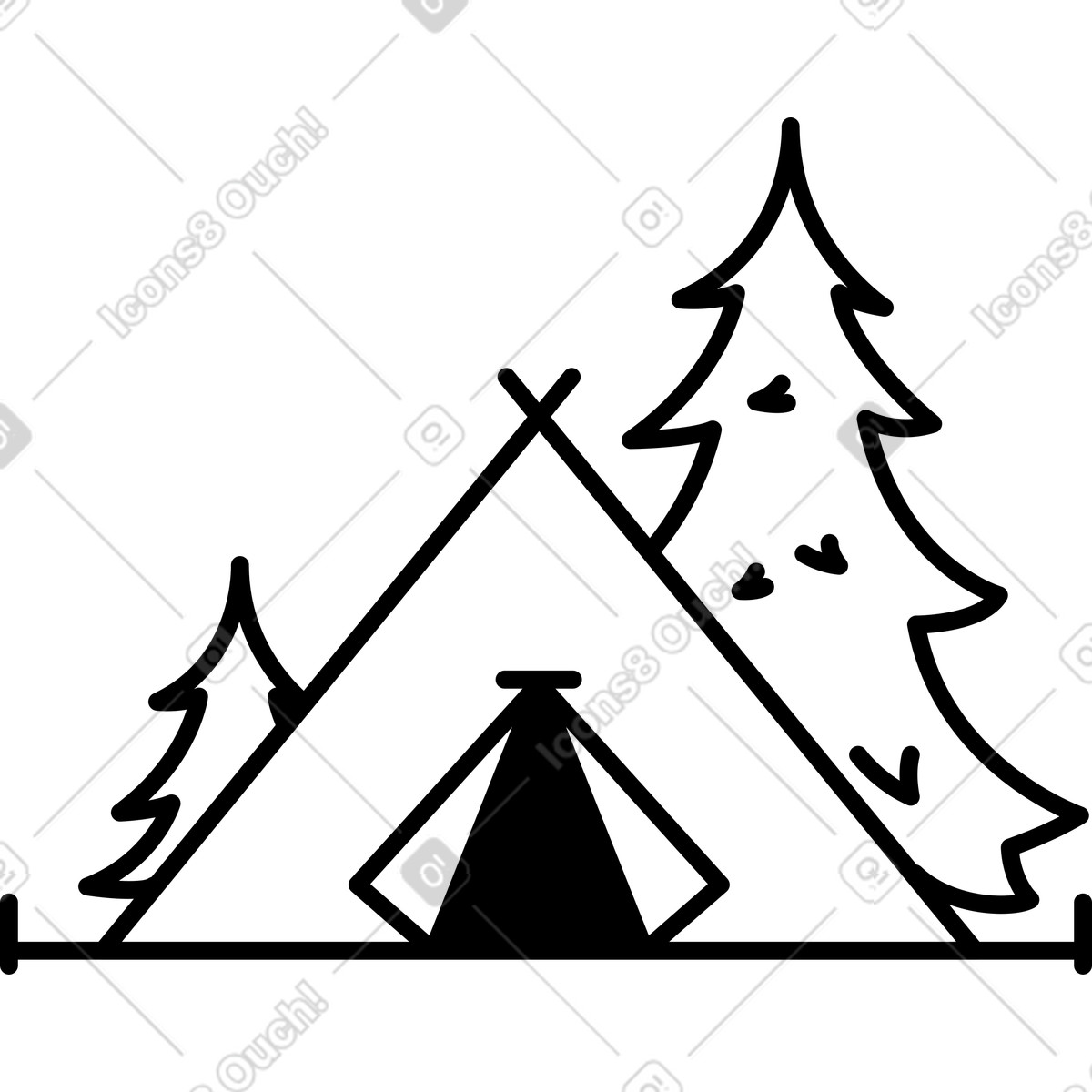 Notion スタイルの Tent camping under pine trees outdoor adventure line art symbol のイラストをPNG、SVG形式でダウンロード