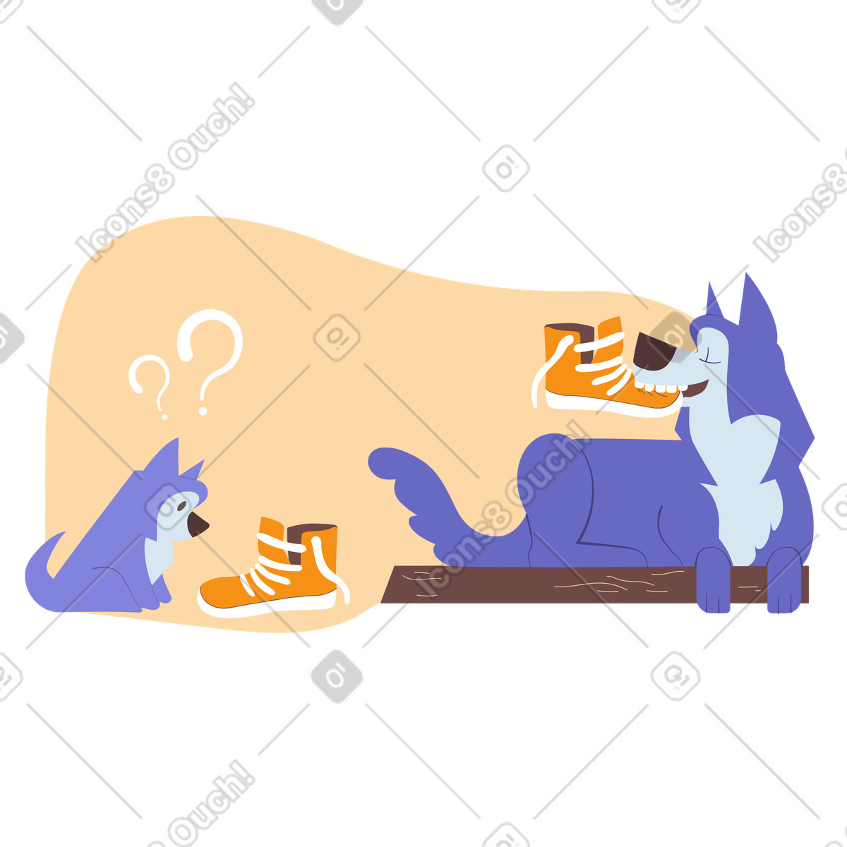 Ilustração de Cachorro ensinando um cachorrinho a mastigar sapatos em no estilo Woof para baixar em PNG, SVG