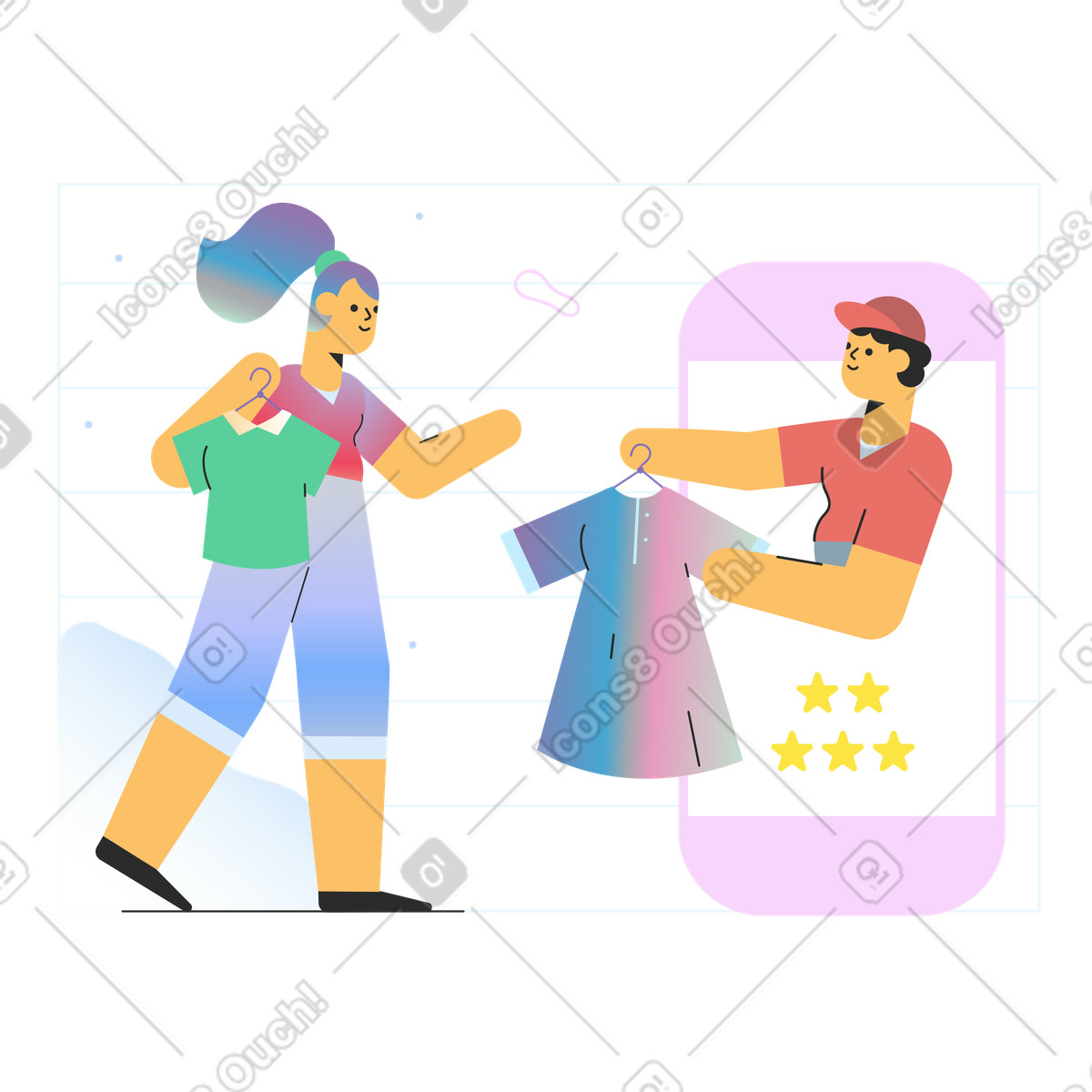 下载 Marginalia 风格的 女人在电话里从网上商店买衣服 插画，支持 PNG、SVG 格式