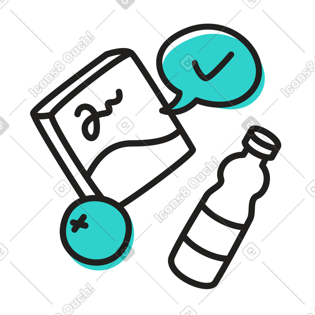 Illustration Faire les courses avec une boîte de céréales, des fruits et bouteille dans le style Little à télécharger aux formats PNG, SVG