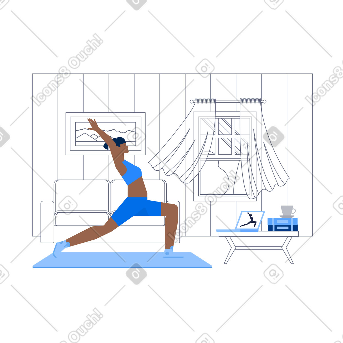 Frau macht zu hause yoga-training mit online-kursen-Illustration im Urban-Stil als Download in PNG, SVG