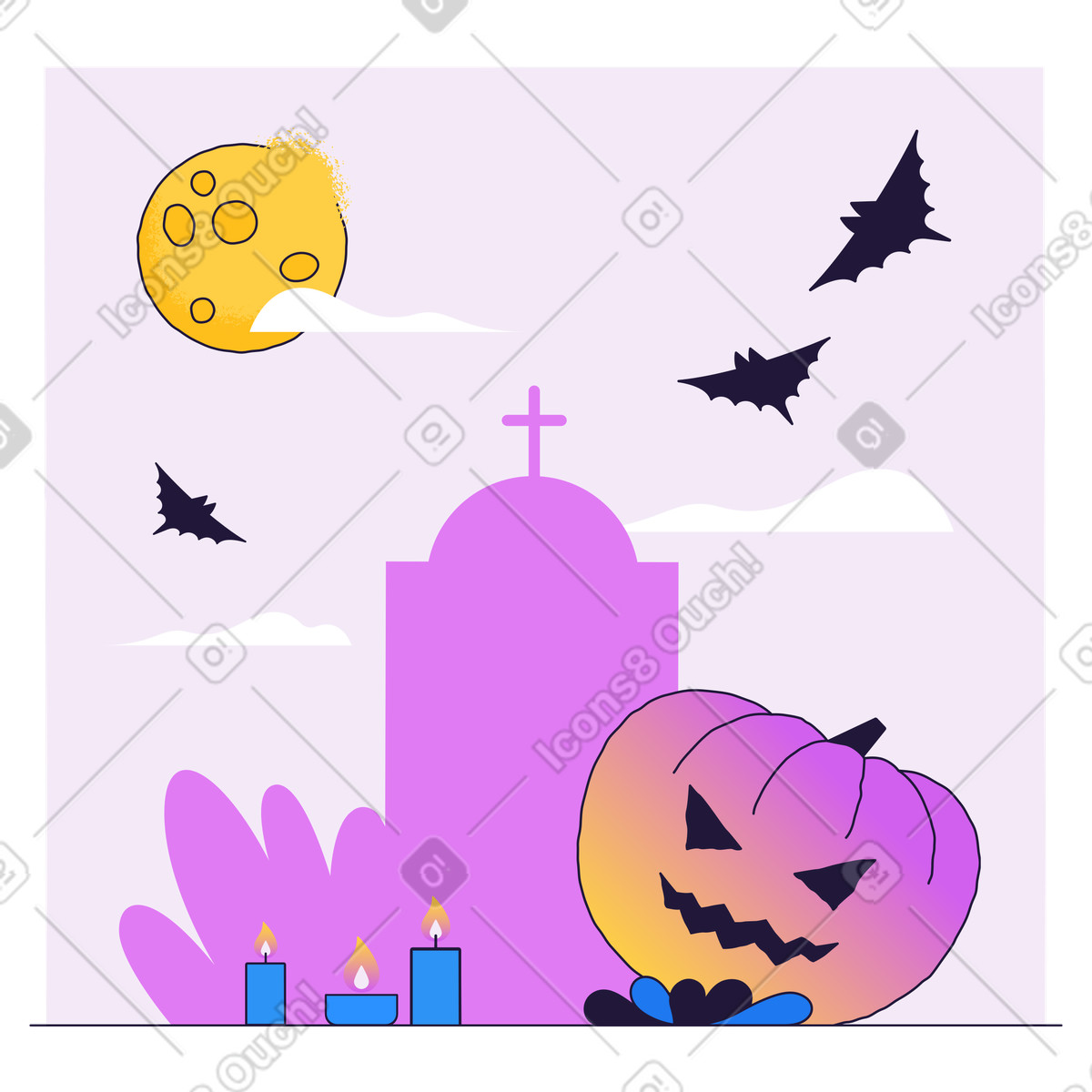 Illustration Citrouille tombe et sculptée au cimetière dans le style Conifer à télécharger aux formats PNG, SVG