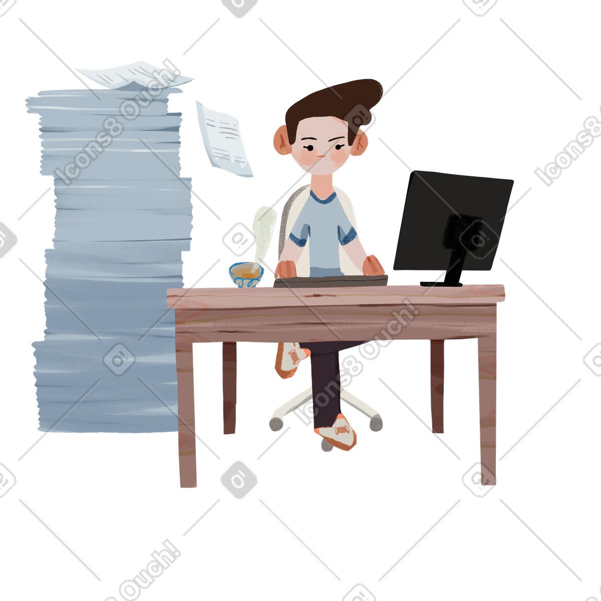 Office worker with large amount of work illustration in Ikigai style download in PNG, SVG