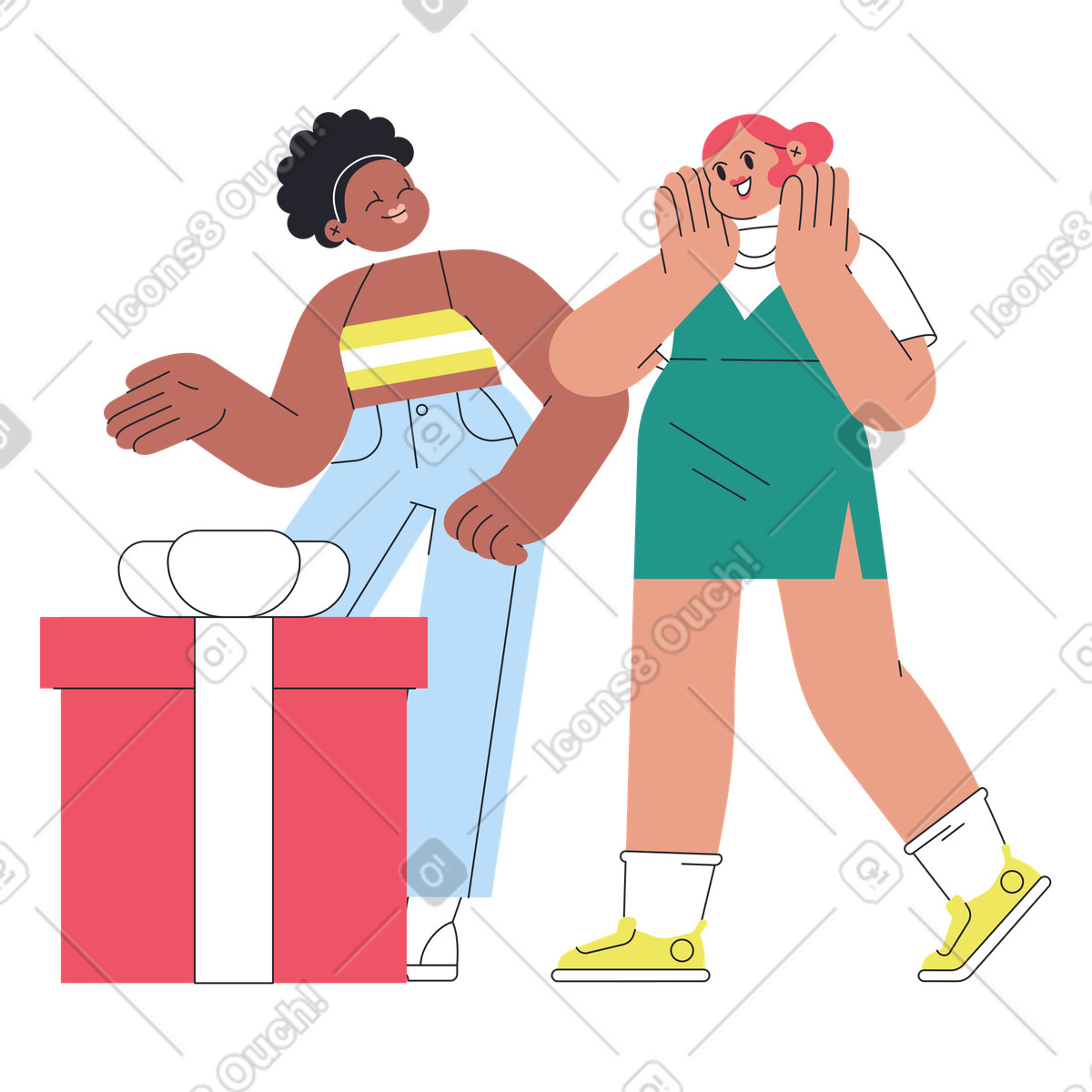 Ilustração de Mulher surpreendendo sua amiga com um presente em no estilo Boba para baixar em PNG, SVG