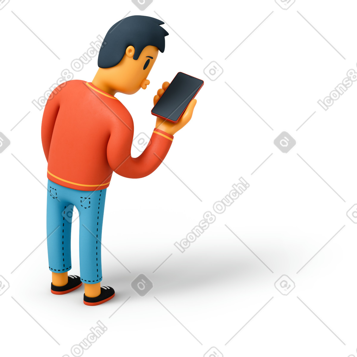 Back view of a man with smartphone illustration in 3D Flame style download in PNG, SVG