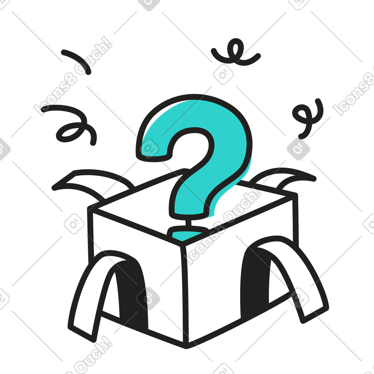 Question mark in gift box and confetti representing surprise illustration Little style download PNG, SVG