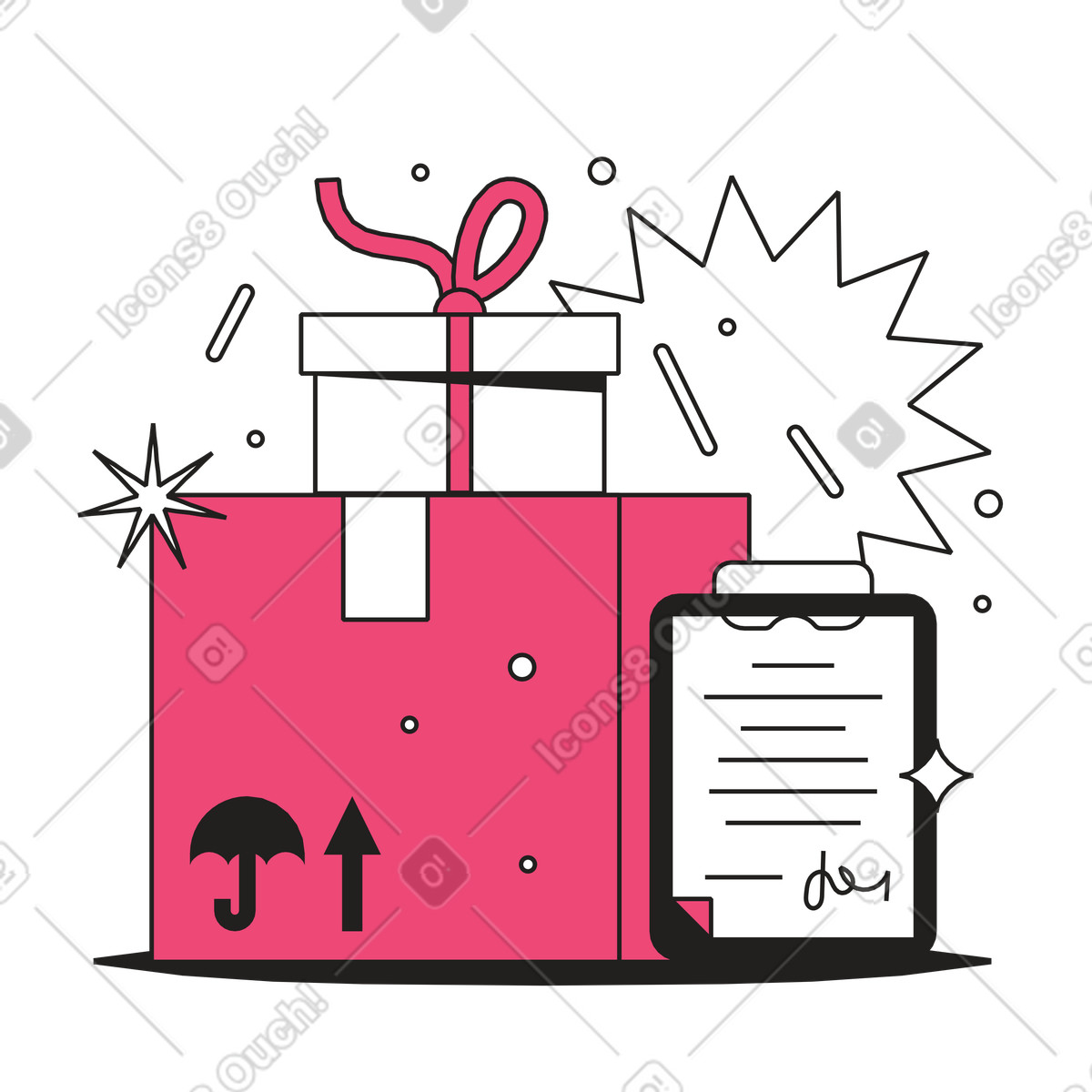 Bestellung zugestellt: pakete und klemmbrett mit unterschrift animierte Illustration im Dazzle Line-Stil als Download in GIF, Lottie (JSON), AE