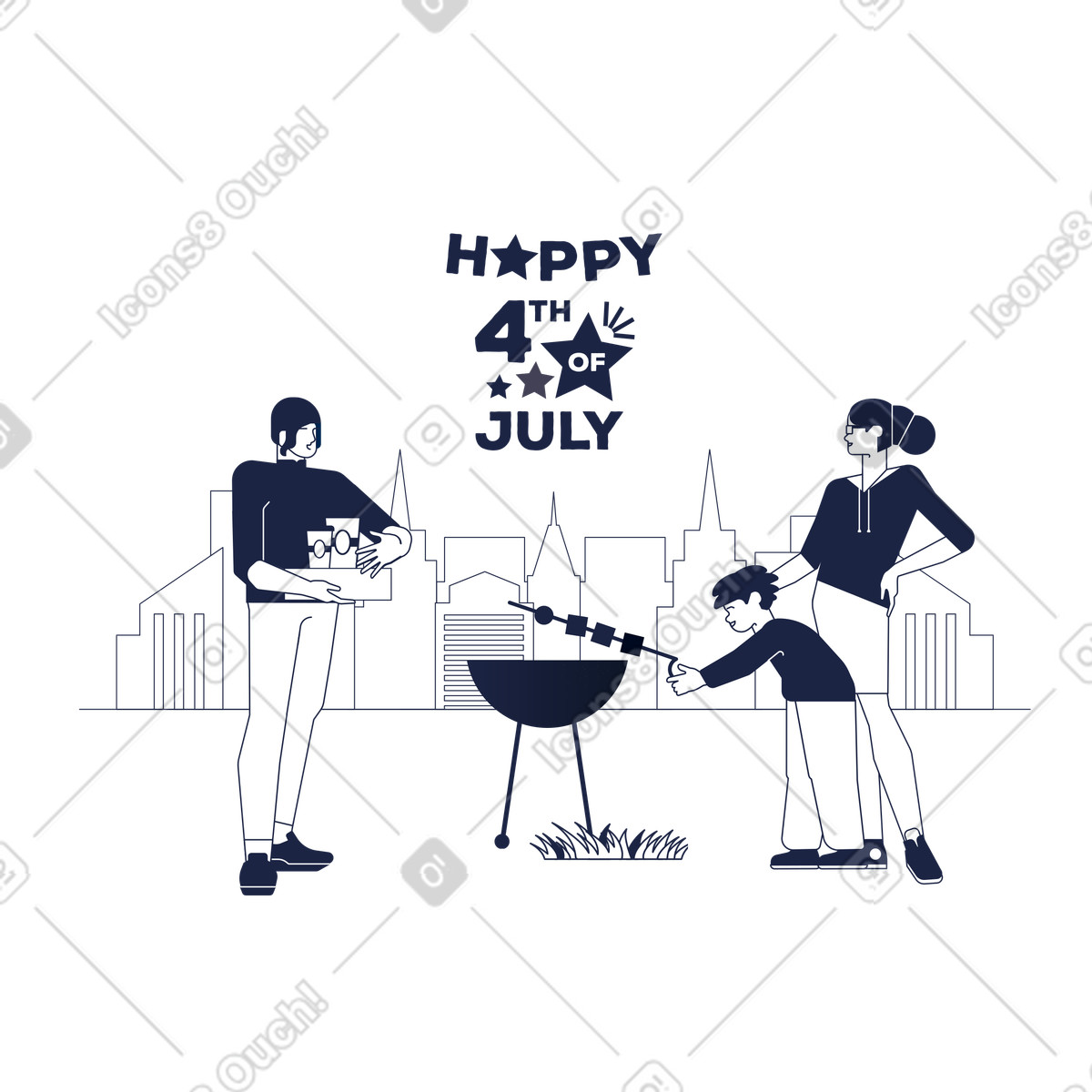 Family gathered around the barbecue, Independence Day picnic illustrazione in stile Urban Line scarica in PNG, SVG