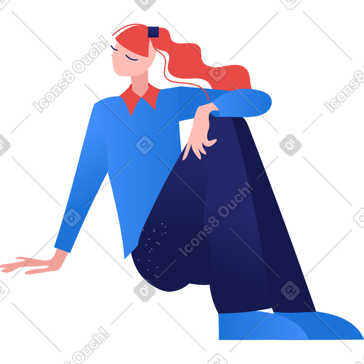 Person with red ponytail in blue casual outfit seated illustration Clip style download PNG, SVG