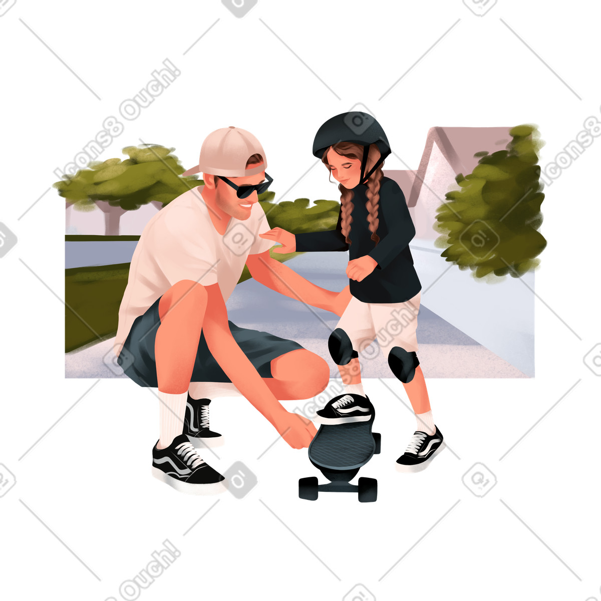 Ilustração de Pai ensina filha a andar skate em no estilo Demure para baixar em PNG, SVG