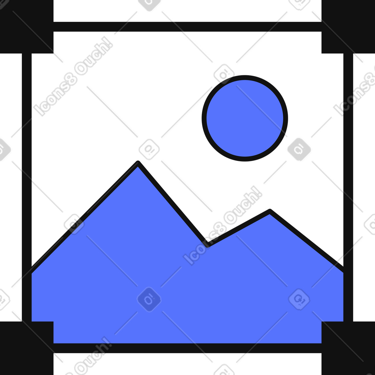下载 Main 风格的 Photo editing frame with landscape picture and circular sun icon 插画，支持 PNG、SVG 格式