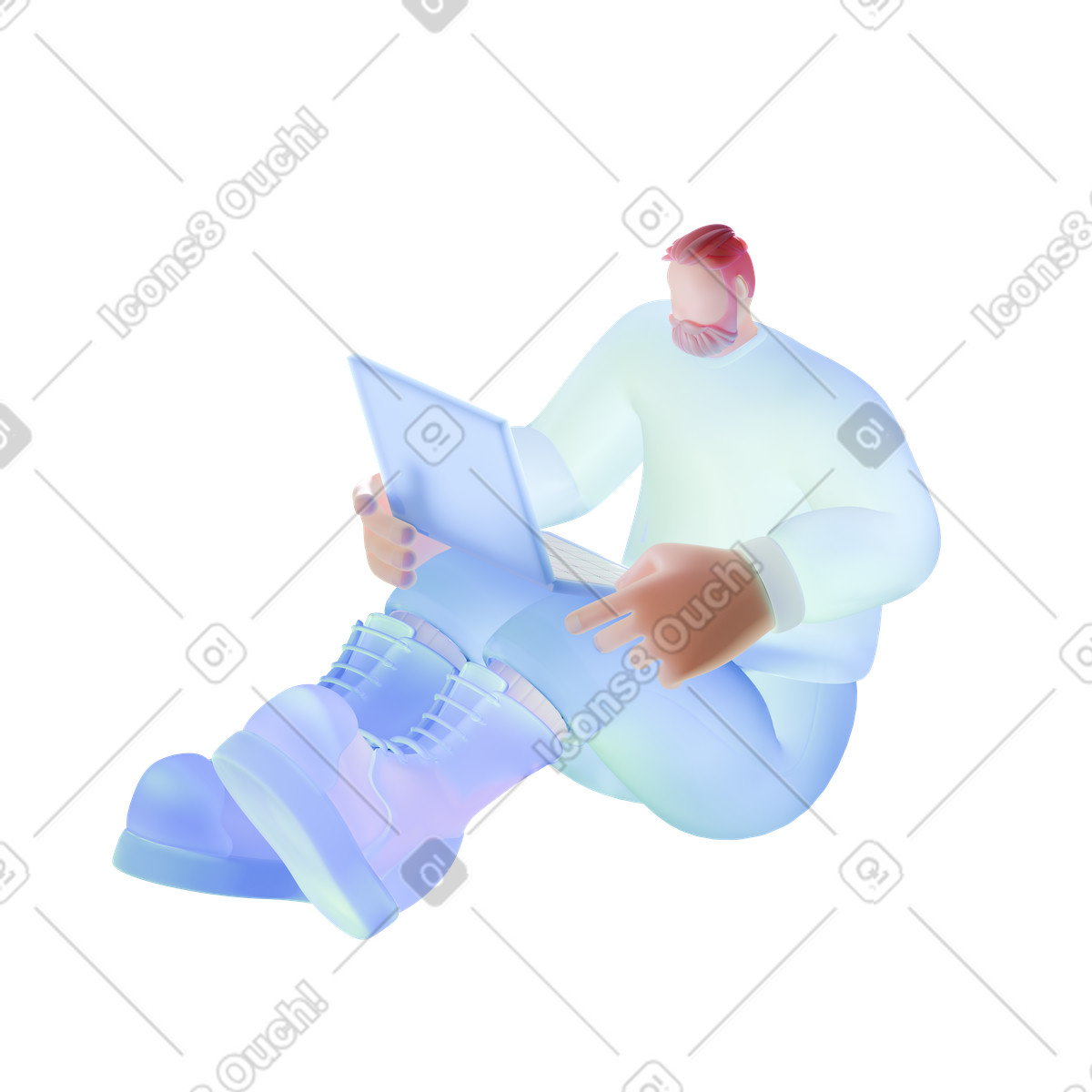 Uomo in abiti luminosi seduto con il computer portatile illustrazione animata stile 3D Airy scaricabile GIF, Lottie (JSON), AE