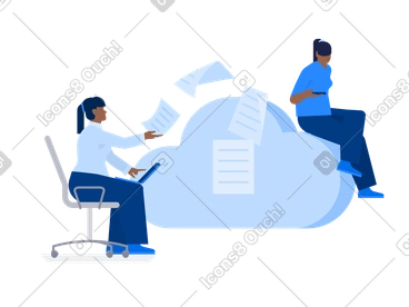 Woman with laptop on her lap shares documents with cloud storage PNG, SVG