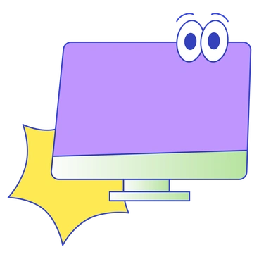 A computer monitor with eyes and a starburst - Eyeful style illustration