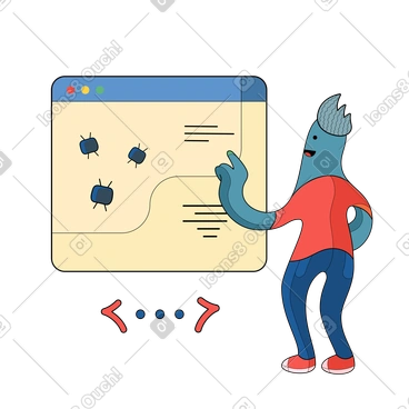 Blue creature fixing bugs on the website PNG, SVG