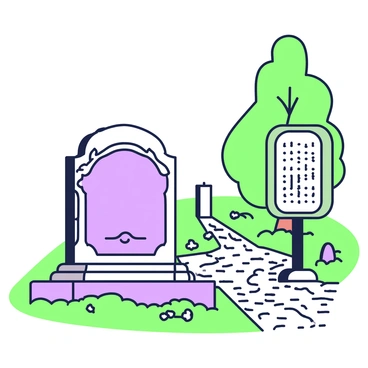 A historic grave is situated in a serene cemetery. The gravestone is made of aged stone, intricately carved with symbols and inscriptions. Beside the gravestone, there is an informative plaque mounted on a small stand. The plaque is bronze-colored, featuring engraved text that recounts the story of the person buried there. Surrounding the grave, there are patches of green grass and several small flowers, creating a tranquil atmosphere. In the background, tall trees provide shade, and a gravel path leads visitors to the site.