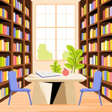 A library with towering bookshelves filled with colorful books stacked neatly. The bookshelves are made of dark oak wood, creating a rich contrast against the wooden floor. In the center of the library, there is a large study table crafted from polished stone, with a few bright green plants placed on it. Sunlight streams in through large windows, casting warm light over the scene. A couple of cozy chairs are positioned around the study table, inviting you to sit and read.