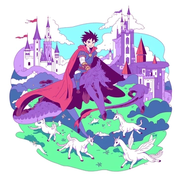 A manhwa-style hero with spiky hair and a determined expression is riding a majestic dragon that has shimmering scales. The dragon is soaring through a vibrant fantasy landscape filled with tall, ornate castles in various shades of color. Below, mythical creatures such as unicorns and griffins can be seen scattered across lush green fields. The sky is painted with a gradient of colors, adding to the enchanting atmosphere of the scene. The hero is clad in intricate armor, with a flowing cape that billows in the wind as they navigate through this magical realm.