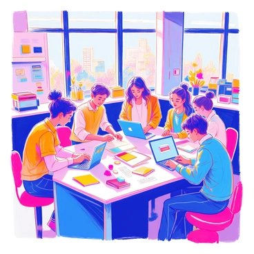 A diverse group of young adults, including individuals of various ethnicities and genders, are gathered around a large table in a modern lab. They are engaged in discussions while examining laptops, tablets, and technical drawings. One person is sketching on a whiteboard, while another is typing on a laptop. The lab is filled with advanced technology, including 3D printers and robotics kits. There are colorful sticky notes and open notebooks scattered across the table, and large windows allow natural light to fill the room.