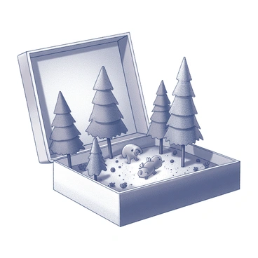 A matchbox is open, revealing a miniature woodland scene inside. The interior is filled with tiny trees, each with intricate details such as textured bark and delicate foliage. Small woodland animals, like a mouse and a squirrel, are positioned among the trees, showcasing their natural poses. The ground is covered with fine specks resembling soil, and there are tiny plants scattered throughout, adding to the realism of the scene. The matchbox itself has visible markings and a worn appearance, enhancing the charm of this intricate diorama.