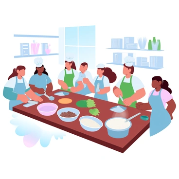 A group of students, each wearing a white chef hat, are gathered around a large wooden kitchen table filled with various ingredients. Some students are chopping vegetables while others are stirring pots on portable stoves. There are bowls of flour, spices, and fresh produce scattered across the table. Brightly colored aprons are worn by the students, adding to the vibrant atmosphere of the culinary arts class. In the background, shelves are lined with cooking utensils and recipe books. A window lets in natural light, illuminating the busy kitchen scene.