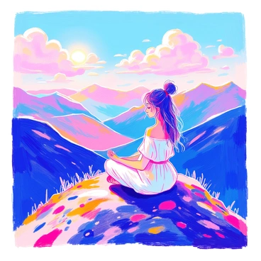 A woman is sitting cross-legged on the peak of a mountain. She has long flowing hair, tied back in a loose bun. She is wearing a comfortable, flowing white outfit. The sky is filled with fluffy white clouds, partially obscuring the sun, creating a soft, diffused light around her. In the distance, the mountains stretch out, showcasing a breathtaking view of valleys and peaks. The scene conveys a sense of peace, with the woman’s serene expression as she meditates.