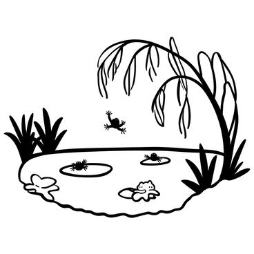 A calm pond surrounded by lush vegetation. Several lily pads are floating on the water's surface. Frogs are depicted leaping from one lily pad to another. A large, drooping willow tree extends its branches over the pond, with some leaves softly touching the water. The scene captures the tranquility of nature with the various elements harmoniously interacting.