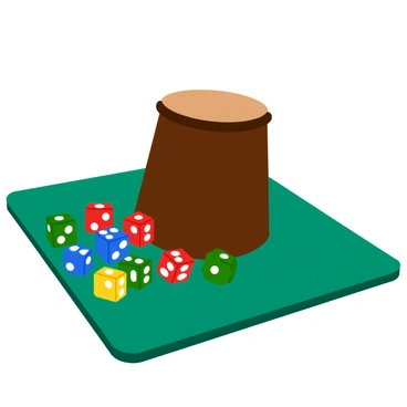 A dark brown leather dice cup sits upright, its top slightly open. Colorful polyhedral dice in various shapes and sizes are spilling out from the cup. The dice showcase vibrant colors, including red, blue, green, and yellow, with numbers clearly visible on their faces. They scatter across a rich green felt gaming mat, which has a subtle texture that contrasts with the smoothness of the leather. The scene captures a sense of excitement and anticipation for a game about to begin.
