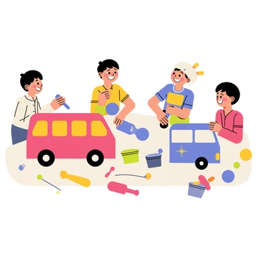 A crafts table filled with various tools and colorful clay. Several children are focused on modeling toy buses using the clay. One child is shaping a red bus with yellow windows and black wheels. Another child is creating a blue bus with a smiling face on the front. There are rolling pins, scissors, and containers of clay in different colors scattered around the table. The children are laughing and sharing ideas as they work on their creations. Bright, cheerful lighting fills the scene, highlighting their artistic efforts.