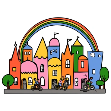 A vibrant cityscape filled with unique buildings of various shapes and colors. Each building has distinct architectural features, such as rounded rooftops and oversized windows. The streets are lined with people walking, riding bicycles, and chatting. A colorful rainbow arcs gracefully across the bright blue sky above, adding a playful atmosphere to the scene. Green trees are scattered throughout the city, providing a refreshing touch of nature amidst the urban environment.
