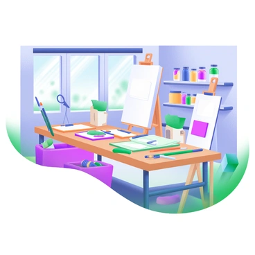 A modern pastel illustration depicting a large open studio filled with various art supplies. On a long wooden table, there are paintbrushes, tubes of paint, sketchbooks, and piles of colored paper arranged in organized chaos. In the background, shelves lined with jars of pencils, markers, and scissors can be seen. A large window allows natural light to flood the room, highlighting the vibrant colors of the supplies. In one corner, there is a canvas propped up on an easel, waiting to be painted. The scene conveys a sense of preparation and creativity as the team gets ready to start a new project.