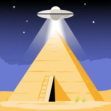 An ancient pyramid with a weathered stone exterior, featuring steps leading up to its peak. The pyramid is surrounded by a sandy desert landscape with sparse vegetation. Above the pyramid, a UFO with a metallic surface hovers, emitting a bright, focused beam of light that shines down onto the peak. The sky is a deep twilight blue, dotted with a few scattered stars. The scene conveys a sense of mystery and intrigue as the light illuminates the pyramid's surface.