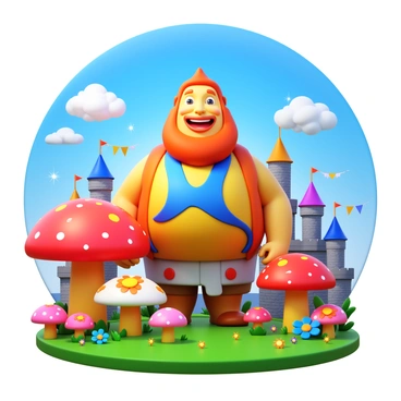 A whimsical Goliath character with a large, friendly smile, wearing a colorful tunic adorned with patterns. His towering figure stands amongst vibrant flowers and oversized mushrooms in a fairy-tale kingdom. The sky is bright blue, decorated with fluffy white clouds. In the background, there are sparkling castles with towers and banners fluttering in the gentle breeze. The ground is lush with greenery and fairy lights twinkling around the scene.