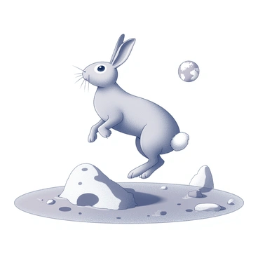 A hare with long ears and a fluffy tail is exploring the surface of the moon. The lunar landscape features various craters and rugged terrain, with fine dust scattered around. The hare is mid-hop, its legs raised off the ground, showcasing its athleticism. In the background, Earth can be seen as a small, distant sphere, providing a sense of scale to the scene. The contrasts of the moon’s surface against the hare create a striking visual.