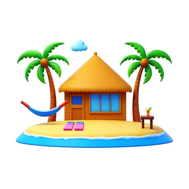 A charming beachfront bungalow with a thatched roof and wooden walls. The bungalow has large windows that overlook the ocean. A hammock is swaying gently between two tall, green palm trees. The sandy beach surrounds the bungalow, and gentle waves are lapping at the shore. Brightly colored beach towels are spread out on the sand, and a small table is set up with a tropical drink. The sky is clear with a few fluffy clouds scattered above.