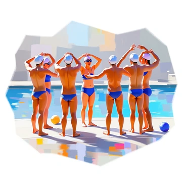 A group of water polo players is gathered on the pool deck, performing warm-up exercises before a match. They are dressed in matching team swimsuits, showcasing their athletic physiques. Some players stretch their arms overhead, while others engage in dynamic movements to get their muscles ready. The pool glistens in the background, with bright blue water reflecting the sunlight. The atmosphere is focused and energetic, as teammates encourage each other with smiles and supportive gestures. A few colorful water polo balls are scattered around the deck, ready for use in their upcoming game.