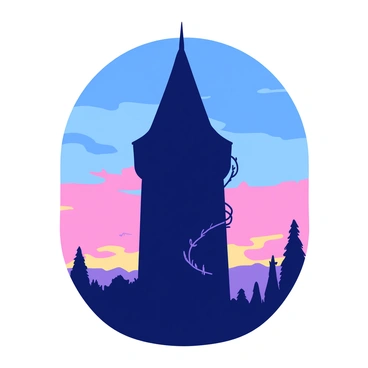 A silhouette of a tall tower stands against a backdrop of a sky transitioning from deep blue to soft pink and gold hues. The tower features a round base and a pointed roof, embodying a fairytale aesthetic. Surrounding the tower are a few distant tree silhouettes, their outlines dark against the brightening sky. A winding vine can be seen climbing up the side of the tower, adding to the enchanting feel of the scene. The dawn light gently illuminates the edges of the tower, creating a striking contrast with the darker silhouette.