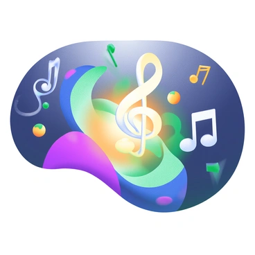 An illustration featuring "music notes" in a variety of colors, such as blue, green, and yellow. These notes are transitioning seamlessly into "vibrant light patterns" that radiate outward from the center of the image. The light patterns are swirling and intertwining, creating a sense of movement and energy. The background consists of a gradient that shifts from dark to light, enhancing the vividness of the notes and light patterns, bringing attention to the transformation that symbolizes the "Raman effect."