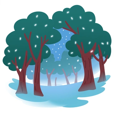 A dense forest filled with tall trees under a night sky. The trees have thick trunks and lush green leaves, creating a canopy that partially reveals the stars above. Glowing fireflies are scattered throughout the scene, emitting soft light as they flit among the trees. The background shows a deep blue night sky, where bright constellations are visible, twinkling between the branches. A gentle mist is rising from the forest floor, adding an ethereal quality to the atmosphere.