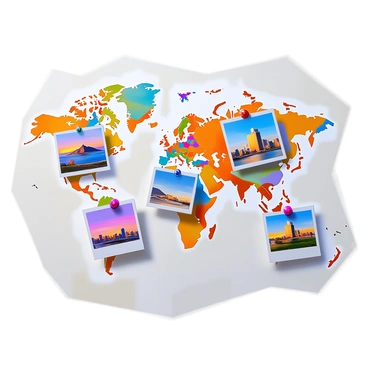 A collection of vibrant travel photos is displayed, pinned to a world map backdrop. The photos showcase diverse landscapes, including tropical beaches, majestic mountains, and iconic city skylines. Each photo is secured with colorful pins, each one emphasizing its unique location on the map. The world map features detailed geographical outlines and names of countries, adding context to the images. The overall arrangement creates a visually striking representation of global exploration and adventure.