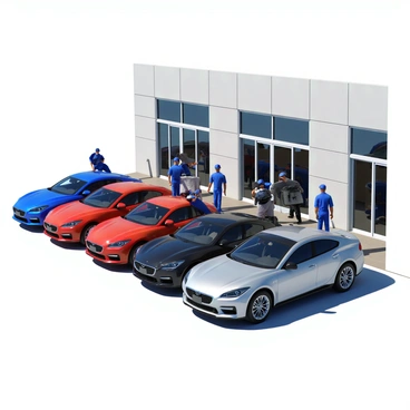 A row of cars in various colors, including red, blue, and silver, is lined up for inspection outside a manufacturing plant. Each car is polished and shiny, showcasing its sleek design. Workers in blue uniforms are seen inspecting the vehicles, checking under the hoods, and examining the interiors. The manufacturing plant in the background features large windows and industrial architecture. Bright sunlight illuminates the scene, creating reflections on the car surfaces.