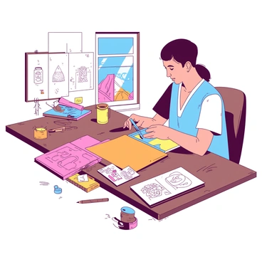 An illustrator is seated at a large wooden table, surrounded by sketches and colorful design materials. The table is cluttered with various product packaging samples, each showcasing intricate designs. The illustrator's right hand is holding a vibrant blue marker, while the left hand is adjusting a bright orange sketchbook filled with detailed illustrations. The artist's workspace is illuminated by natural light streaming through a nearby window, casting soft shadows across the table and highlighting the vivid colors of the designs.