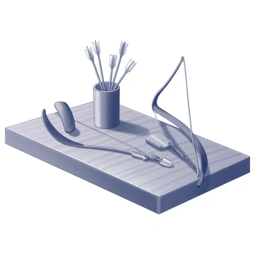 A table filled with an archer's gear including quivers, arrows, arm guards, and a bowstring