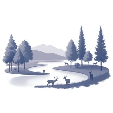 A detailed landscape featuring a variety of trees, arranged in clusters around a gently flowing river. The river is winding through the scene, reflecting the surrounding flora. In the foreground, a diverse array of wildlife is present, including deer grazing near the water's edge and birds perched on the branches of the trees. The background showcases a range of hills, creating a sense of depth in the scenery.