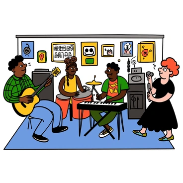A group of four musicians in a cozy music studio, engaged in a jamming session. The first musician is a light-skinned man with short black hair playing an acoustic guitar, wearing a plaid shirt and jeans. The second musician is a dark-skinned woman with long braided hair playing a set of conga drums, dressed in a colorful tank top and shorts. The third musician is a medium-skinned man with big eyes playing an electric keyboard, wearing a graphic t-shirt and cargo pants. The fourth musician is a light-skinned woman with curly red hair holding a microphone, dressed in a casual black dress. The studio is filled with musical instruments, sound equipment, and posters of famous bands on the walls, creating a lively atmosphere.