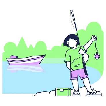 A child is standing on the edge of a calm lake, holding a fishing rod with enthusiasm. The child has short hair and is wearing a bright t-shirt and shorts. In the background, a small boat floats gently on the water, tethered to the shore. The surface of the lake reflects the surrounding trees, creating a peaceful scene. The child is gazing intently at the water, with a small tackle box sitting on the ground beside them.