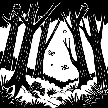 A dense forest filled with towering ancient trees whose gnarled branches stretch towards the sky. The tree trunks are thick and textured, showcasing intricate bark patterns. Various luminous creatures with ethereal forms float between the trees, emitting a soft glow that illuminates their surroundings. Some of the creatures resemble shimmering butterflies, while others take the shape of small floating orbs. The forest floor is covered in lush foliage, with ferns and moss creating a rich carpet beneath the trees. Light filters through the canopy, casting shadows and highlights across the scene, enhancing the enchanted atmosphere of the forest.